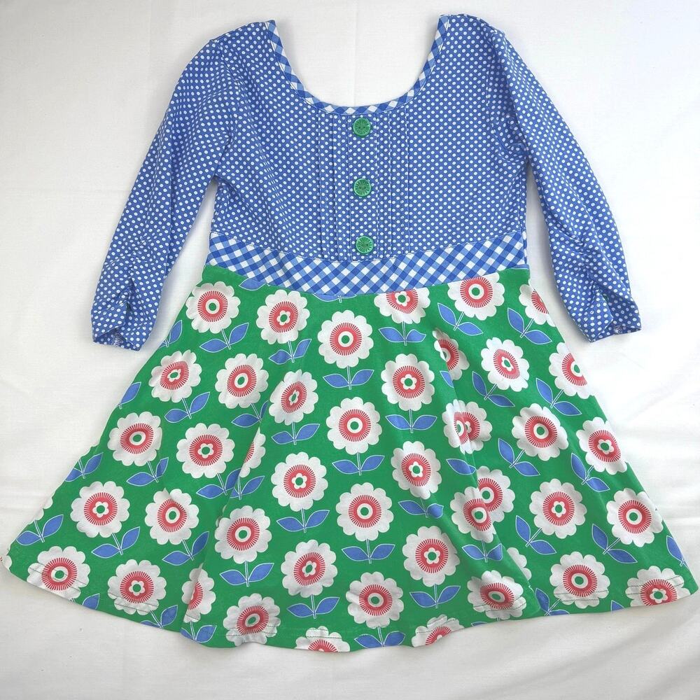Serendipity Dress Kids S 4t-5t Blue Green Floral Polka Dot Mixed Print Mod Retro